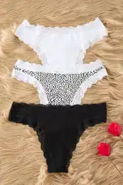 Black-White-Leopard 3-Pack Cotton Lace Thong Knitted Panties