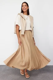 Dark Beige Pleated Knitted Long Skirt