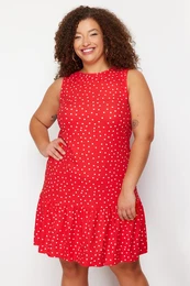 Curve Red Polka Dot Printed Zero Sleeve Flounce Shift Mini Stretch Knit Plus Size Dress