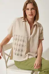 Happiness stanbul Women's Cream Crochet Lace Detailed Linen Shirt