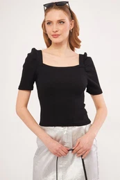 Women's Black Front Back Square Neck Watermelon Sleeve Corded Blouse