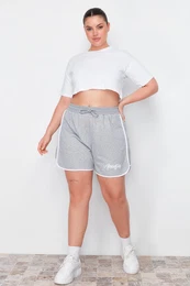 Curve Gray Slogan Printed Piping Detailed Knitted Plus Size Shorts & Bermuda