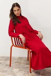 Burgundy Collar Tie Detailed Woven Dress