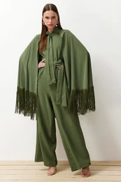 Khaki Evening Dress Jumpsuit Tasseled Cape Suit