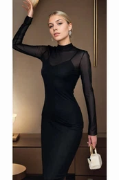 Z2277 Womens Black Lined Half Turtleneck Dress-BLACK