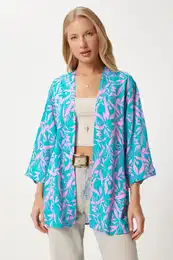 Happiness stanbul Women's Pink Sky Blue Patterned Viscose Kimono