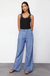 Dark Blue Pleated High Waist Wide Leg Jeans