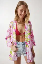 Happiness stanbul Women's Powder Green Patterned Viscose Kimono