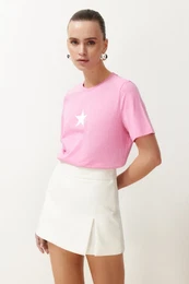 Pink 100% Cotton Star Printed Regular/Normal Pattern Crew Neck Knitted T-Shirt