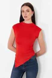 Red Stand Collar Gather/Drape Detailed Fitted/Asymmetrical Knitted Blouse