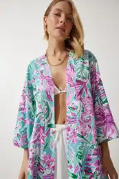 Happiness stanbul Women's Green Pink Patterned Viscose Kimono