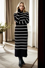Z3059 Womens Striped Long Sleeve Knitwear Dress-BLACK