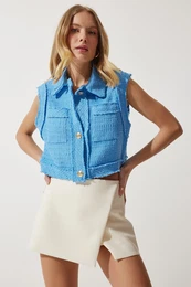 Happiness stanbul Women's Blue Stylish Buttoned Patterned Crop Tweed Vest