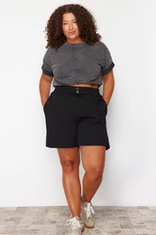 Curve Black Button Detailed 100% Cotton Knitted Shorts & Bermuda