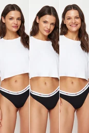 Black 3-Pack Cotton Slogan Elastic Detailed Thong Knitted Panties