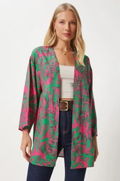 Happiness stanbul Women's Pink Green Patterned Viscose Kimono