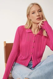 Happiness stanbul Women's Pink Lightweight Transparent Polo Collar Summer Knitwear Cardigan