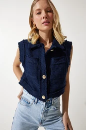Happiness stanbul Women's Navy Blue Stylish Buttoned Patterned Crop Tweed Vest