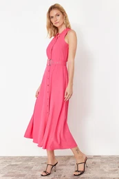 Pink Belted Midi Woven Shirt Dress