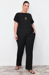 Curve Black T-shirt-Pants Knitted Seasonal Bottom-Top Set