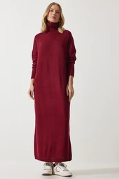 Happiness stanbul Women's Burgundy Turtleneck Slit Oversize Knitwear Dress