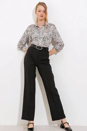 Women's Black High Waist Fabric Trousers 6584