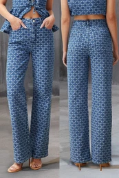 Dark Blue Patterned High Waist Wide Leg Jeans