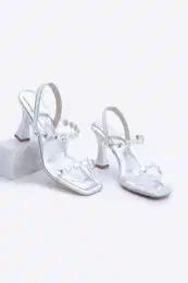 Women's Blunt Toe Stoned Banded Evening Dress Heeled Sandals Pakra Silver