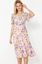 Pink Floral Print A-Cut Flounced Midi Lined Chiffon Woven Dress