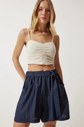 Happiness stanbul Women's Navy Blue Belted City Length Woven Shorts