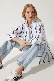 Happiness stanbul Women's White Black Striped Oversize Poplin Shirt