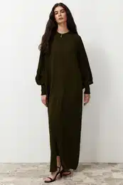 Khaki Wide Pattern Bat Sleeve Woven Cape & Abaya & Jalabia
