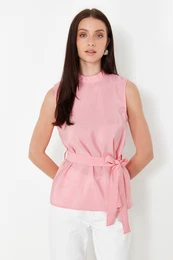 Pink Belted Sleeveless Woven Blouse