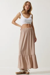Happiness stanbul Women's Cream Flounce Summer Midi Skirt