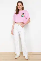 Pink 100% Cotton Printed Relaxed/Wide Relaxed Cut Crop Knitted T-Shirt