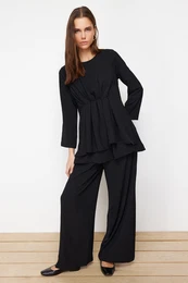 Black Gathered Aerobin Tunic Trousers Woven Bottom Top Set
