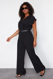 Curve Black Belted Woven Overalls