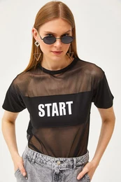 Women's Black Tulle Garnished Embroidered T-Shirt
