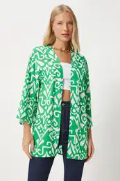 Happiness stanbul Women's Green Ecru Patterned Viscose Kimono