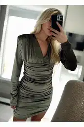 E0354 Womens Shoulder Padded Draped Velvet Dress-Khaki