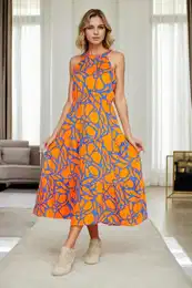 E7818 Womens Floral Patterned Dress-ORANGE