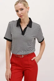 0499 Polo Neck Striped T-Shirt - Black
