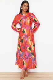 Red Floral Patterned Woven Linen Look Dress