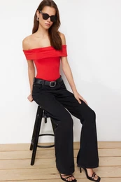 Red Fitted Stretchy Knitted Madonna Collar Bodysuit