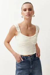Ecru Carmen Collar Fitted Low Sleeve Gathering/Drape Detailed Knitted Blouse