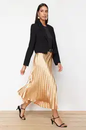 Gold Pleated Satin Fabric Maxi Length Woven Skirt