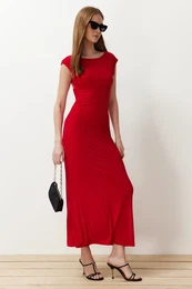 Red Backless Fitted Knitted Flexible Maxi Pencil Dress