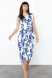 Multicolor Double Breasted Collar A-line Satin Midi Woven Dress