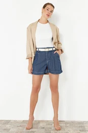 Dark Blue 100% Tencel Pleated High Waist Denim Shorts