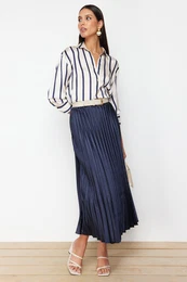 Navy Blue Pleated Satin Fabric Maxi Length Woven Skirt